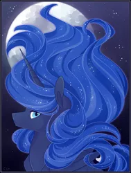 Size: 770x1020 | Tagged: safe, artist:captivelegacy, derpibooru import, princess luna, alicorn, pony, beautiful, ethereal mane, female, flowing mane, lidded eyes, looking at you, mare, moon, side view, smiling, solo, starry mane, starry tail, stars