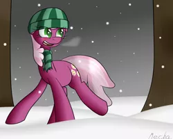 Size: 1280x1024 | Tagged: artist:mechanized515, cheerilee, clothes, derpibooru import, hat, safe, scarf, snow, snowfall, solo