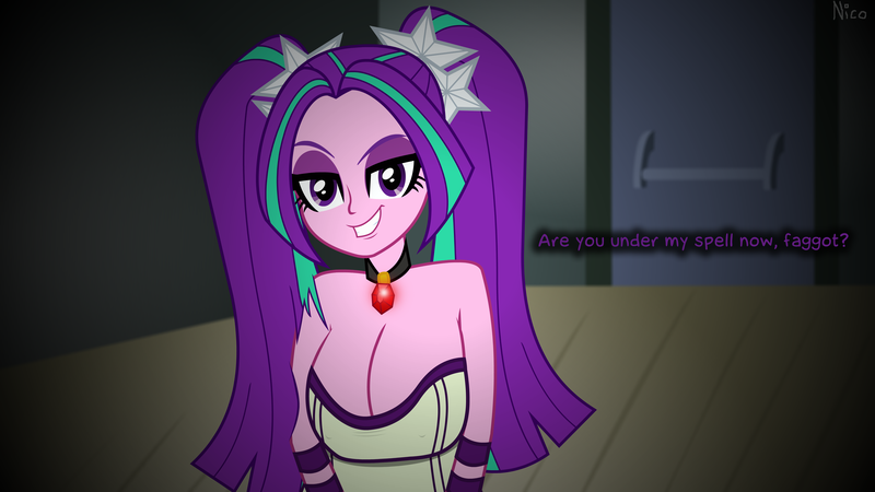 Size: 4835x2720 | Tagged: suggestive, artist:nicoboss143, derpibooru import, aria blaze, equestria girls, rainbow rocks, absurd resolution, breasts, busty aria blaze, cleavage, dialogue, female, gem, jewelry, nudity, pendant, pigtails, seductive, siren gem, smiling, twintails, vulgar