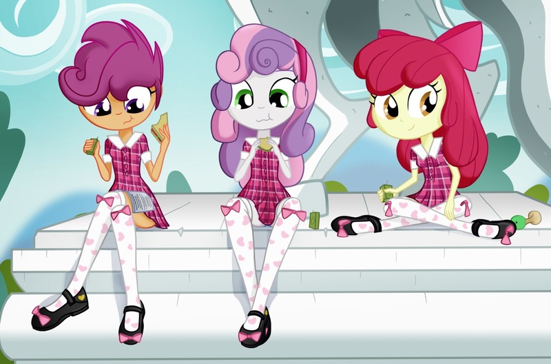 Size: 1357x896 | Tagged: safe, artist:ohohokapi, deleted from derpibooru, derpibooru import, apple bloom, scootaloo, sweetie belle, equestria girls, :t, blue underwear, clothes, crossed legs, dress, eating, mary janes, panties, school uniform, schoolgirl, shoes, sitting, skirt, skirtaloo, smiling, socks, thigh highs, tomboy taming, underwear, upskirt