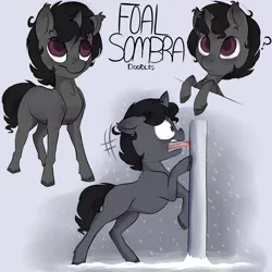 Size: 3000x3000 | Tagged: safe, artist:evehly, derpibooru import, king sombra, pony, unicorn, colt, cute, daaaaaaaaaaaw, pole, snow, snowfall, sombradorable, stuck, tongue out, tongue stuck to pole, younger