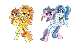 Size: 1440x880 | Tagged: safe, artist:peanutbuttersqaures, derpibooru import, adagio dazzle, aria blaze, sonata dusk, sunset shimmer, ponified, pony, arisona, bridal carry, carrying, female, lesbian, shipping, sunsagio, the dazzlings, tongue out