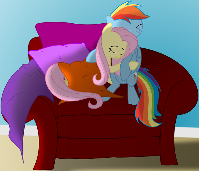 Size: 6000x5149 | Tagged: safe, artist:byteslice, artist:scienceisanart, derpibooru import, fluttershy, rainbow dash, .svg available, absurd resolution, chair, cute, eyes closed, female, flutterdash, hug, lesbian, pillow, shipping, sitting, smiling, snuggling, vector