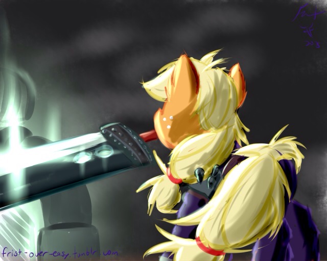 Size: 640x512 | Tagged: applejack, artist:frist44, buster sword, clothes, cloud strife, crossover, derpibooru import, final fantasy, final fantasy vii, mouth hold, safe, soldier, sword, uniform, weapon