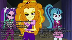 Size: 1280x714 | Tagged: suggestive, derpibooru import, edit, edited screencap, screencap, adagio dazzle, aria blaze, sonata dusk, equestria girls, rainbow rocks, arrested development, caption, headcanon, meta, organized crime, text edit