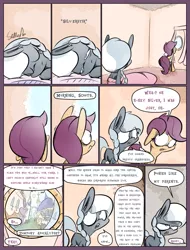 Size: 1235x1625 | Tagged: alternate universe, artist:slitherpon, canterlot, comic, derpibooru import, moody mark crusaders, safe, scootaloo, silver spoon, waking up