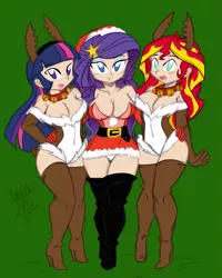 Size: 1039x1299 | Tagged: adorasexy, alternate version, artist:danmakuman, artist:ponyguy67, breasts, busty rarity, busty sunset shimmer, busty twilight sparkle, cleavage, clothes, counterparts, cute, derpibooru import, female, females only, hat, high heel boots, high heels, human, humanized, leotard, magical trio, panties, rarity, reindeer, reindeer antlers, reindeer costume, santa costume, santa hat, sexy, sketch, skirt, suggestive, sunset shimmer, thigh boots, thigh gap, thigh highs, twilight's counterparts, twilight sparkle, twilight sparkle (alicorn), underwear, unf, upskirt