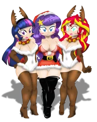 Size: 1039x1299 | Tagged: suggestive, alternate version, artist:danmakuman, artist:ponyguy67, derpibooru import, rarity, sunset shimmer, twilight sparkle, twilight sparkle (alicorn), human, reindeer, adorasexy, breasts, busty rarity, busty sunset shimmer, busty twilight sparkle, cleavage, clothes, counterparts, cute, female, group sex, hat, high heel boots, high heels, humanized, leotard, lesbian, magical trio, nudity, panties, rarilight, rarilightshimmer, reindeer antlers, reindeer costume, santa costume, santa hat, sex, sexy, shipping, simple background, skirt, sunsarity, sunsetsparkle, thigh boots, thigh gap, thigh highs, threesome, transparent background, twilight's counterparts, underwear, unf, upskirt