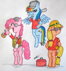 Size: 742x800 | Tagged: applejack, artist:megaman007, demoman, demopie, derpibooru import, engineer, pinkie pie, rainbow dash, safe, scout, simple background, team fortress 2, traditional art