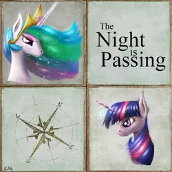 Size: 1400x1400 | Tagged: artist:akurion, bust, compass rose, cover, cover art, derpibooru import, eyeshadow, fanfic art, fanfic cover, fanfic:the night is passing, horn jewelry, jewelry, link in description, makeup, piercing, princess celestia, safe, shiny, signature, text, the night is passing, twilight sparkle