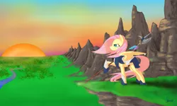 Size: 1280x767 | Tagged: armor, artist:queensdaughters, axe, badass, battle axe, derpibooru import, flutterbadass, fluttershy, forest, halberd, mountain, river, safe, scenery, solo, sunset, windswept mane