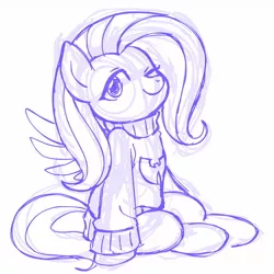 Size: 1280x1280 | Tagged: artist:megasweet, clothes, cute, derpibooru import, fluttershy, monochrome, safe, shyabetes, simple background, sitting, sketch, smiling, solo, sweater, sweatershy, wink, wu-tang clan