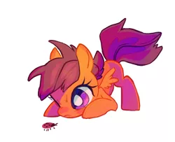 Size: 826x671 | Tagged: safe, artist:shacklefunk, derpibooru import, scootaloo, ladybug, pegasus, pony, behaving like a cat, cute, cutealoo, face down ass up, female, filly, frown, looking at something, looking down, simple background, solo, spread wings, watching, white background, wings