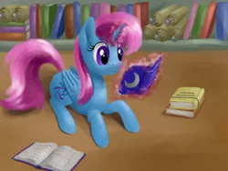 Size: 1600x1200 | Tagged: safe, artist:fahu, derpibooru import, oc, oc:parcly taxel, unofficial characters only, alicorn, pony, alicorn oc, book, levitation, magic, prone, reading, sitting, smiling, solo, telekinesis