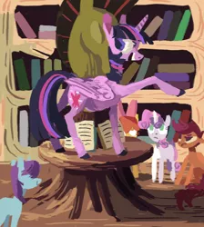 Size: 900x1003 | Tagged: safe, artist:sterfler, deleted from derpibooru, derpibooru import, apple bloom, scootaloo, sweetie belle, twilight sparkle, twilight sparkle (alicorn), alicorn, pony, book, cutie mark crusaders, female, library, mare, table