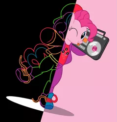 Size: 1111x1161 | Tagged: artist:thelastgherkin, clothes, derpibooru import, fetish, hat, pinkie pie, safe, shirt, shoes, sneakers, sneakers fetish, solo, stereo, wink
