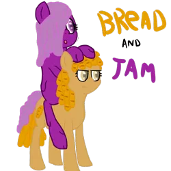 Size: 800x800 | Tagged: artist:teb, baguette, bread, cute, derpibooru import, duo, duo female, female, food, food pony, frown, funny, gem, goo pony, jam, jelly, melting, :o, original species, ponies riding ponies, safe, unamused
