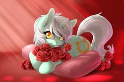 Size: 1354x900 | Tagged: safe, artist:pusspuss, derpibooru import, lyra heartstrings, pony, unicorn, female, flower, flower in mouth, looking at you, mare, mouth hold, pillow, prone, rose, rose in mouth, solo