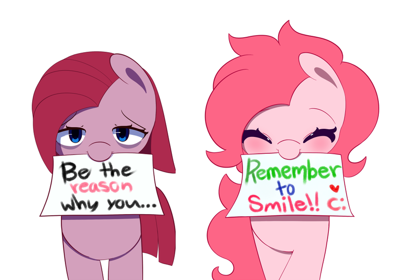 Size: 1000x685 | Tagged: artist:joyfulinsanity, derpibooru import, duality, mouth hold, pinkamena diane pie, pinkie pie, positive ponies, safe, self ponidox, sign