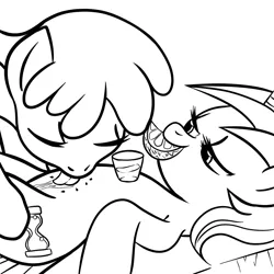 Size: 945x945 | Tagged: suggestive, artist:megasweet, derpibooru import, berry punch, berryshine, minuette, earth pony, pony, unicorn, alcohol, bedroom eyes, berrygate, black and white, body shot, drink, eyes closed, female, glass, grayscale, lesbian, licking, lime, lineart, mare, monochrome, mouth hold, on back, shipping, tongue out, tummylingus