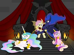 Size: 6000x4500 | Tagged: safe, artist:magister39, derpibooru import, fluttershy, princess cadance, princess celestia, princess luna, bat pony, pony, vampire fruit bat, absurd resolution, badass, bat ponified, bondage, bound wings, chains, collar, cuffs, female, femdom, femsub, flutterbadass, flutterbat, fluttershy gets all the mares, grin, gritted teeth, harem, horn ring, leash, lesbian, lunabat, lunashy, magic suppression, moonbat, open mouth, prone, race swap, shipping, simple background, sitting, slave, smiling, spread wings, sublestia, submissive, throne, transparent background, vector, wide eyes