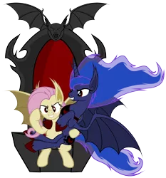 Size: 5600x6000 | Tagged: safe, alternate version, artist:magister39, derpibooru import, fluttershy, princess luna, bat pony, pony, absurd resolution, background removed, female, flutterbat, glare, grin, hug, lesbian, lunabat, lunashy, moonbat, race swap, shipping, simple background, sitting, smiling, smirk, spread wings, throne, transparent background, vector