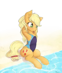 Size: 1700x2000 | Tagged: safe, artist:alasou, deleted from derpibooru, derpibooru import, applejack, earth pony, pony, armpits, clothes, ear fluff, female, hair tie, loose hair, mare, mouth hold, one-piece swimsuit, open-back swimsuit, solo, sports swimsuit, swimming pool, swimsuit