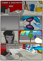 Size: 1233x1744 | Tagged: safe, artist:otakon, derpibooru import, octavia melody, vinyl scratch, comic:octavia, bed, clock, comic, female, lesbian, scratchtavia, shipping, sleeping, zzz