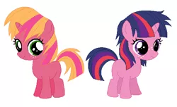 Size: 566x344 | Tagged: safe, artist:unoriginai, derpibooru import, pony, unicorn, blank flank, cute, filly, freckles, offspring, parent:big macintosh, parent:twilight sparkle, parents:twimac, simple background, twins, white background