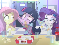 Size: 1100x849 | Tagged: safe, artist:bluse, derpibooru import, fluttershy, rarity, scootaloo, twilight sparkle, twilight sparkle (alicorn), equestria girls, bloodshot eyes, coca-cola, eating, female, fried chicken, kfc, messy eating, omnivore twilight, ponies eating meat, product placement, scootachicken, show accurate, twilight slobble, twilight snapple