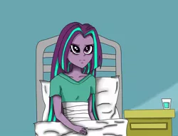 Size: 1024x781 | Tagged: alternate hairstyle, aria blaze, artist:bycosa, bandage, bed, fanfic, fanfic art, glass of water, hospital, hospital gown, safe, the evening sonata