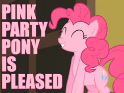 Size: 800x600 | Tagged: alliteration, baby cakes, caption, derpibooru import, eyes closed, grin, happy, image macro, pinkie pie, pink text, pleased, reaction image, safe, screencap, smiling, solo
