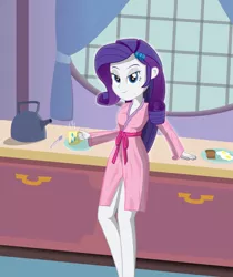 Size: 1678x2000 | Tagged: safe, artist:amante56, artist:kitchycat, derpibooru import, rarity, equestria girls, bathrobe, bedroom eyes, breakfast, clothes, coffee, egg (food), food, fried egg, kettle, robe, solo, toast