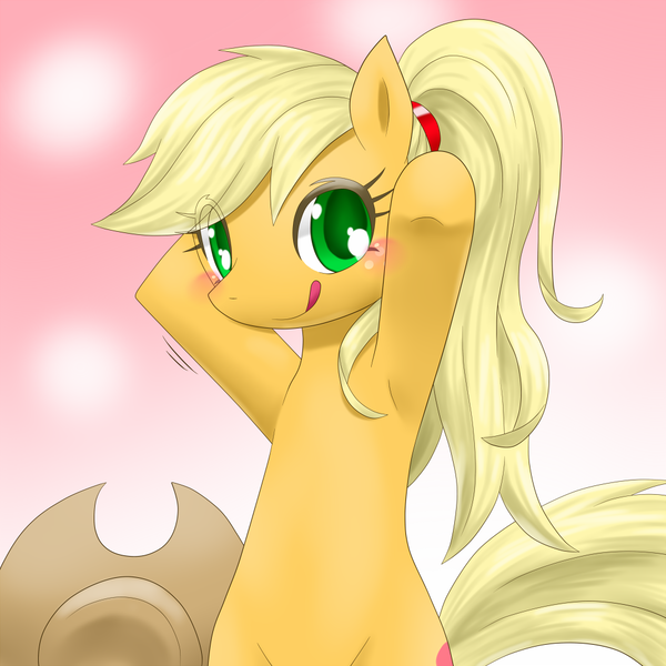 Size: 1000x1000 | Tagged: safe, artist:hashioaryut, derpibooru import, applejack, alternate hairstyle, armpits, cute, jackabetes, pixiv, ponytail, solo, tongue out