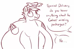 Size: 1500x1000 | Tagged: safe, artist:bigponiesinc, derpibooru import, care package, special delivery, pegasus, pony, :t, belly, bhm, bingo wings, blatant lies, dialogue, fat, hat, impossibly large belly, lineart, male, monochrome, morbidly obese, obese, offscreen character, sketch, stallion