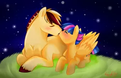 Size: 1024x663 | Tagged: safe, artist:dragonfoxgirl, artist:kianamai, color edit, derpibooru import, edit, oc, oc:fletcher, oc:starburst, unofficial characters only, earth pony, pegasus, pony, kilalaverse, blushing, colored, female, kissing, male, mare, next generation, oc x oc, offspring, offspring shipping, parent:flash sentry, parent:twilight sparkle, parents:flashlight, shipping, stallion, straight, unshorn fetlocks