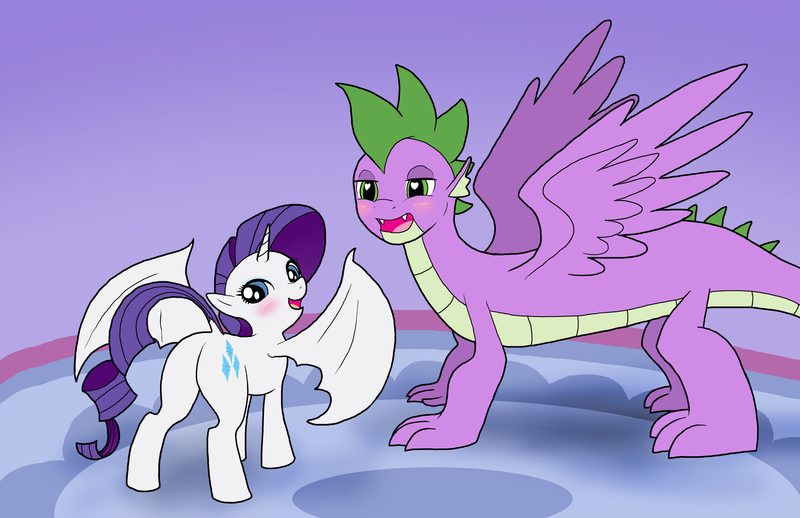 Size: 2550x1650 | Tagged: safe, artist:bico-kun, derpibooru import, rarity, spike, alicorn, hybrid, pony, blushing, dock, draconicorn, dragon wings, female, heart eyes, looking back, male, older, older spike, pegasus wings, race swap, raricorn, shipping, sparity, straight, wingding eyes