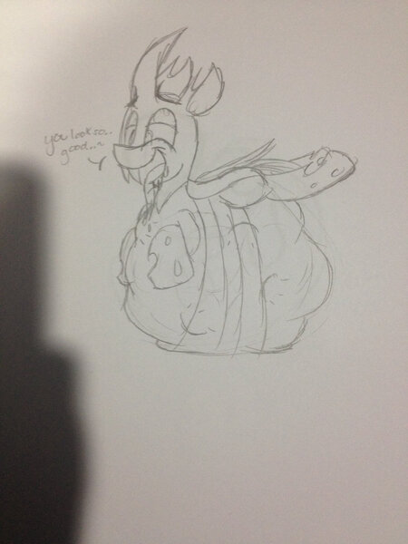 Size: 1024x1365 | Tagged: questionable, artist:keylimejerk, derpibooru import, oc, oc:lovebug, unofficial characters only, changeling, belly, fetish, monochrome, open mouth, tongue out, traditional art, vore