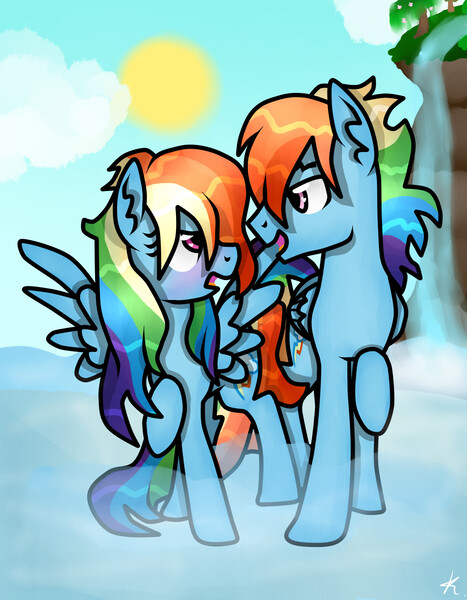 Size: 1400x1800 | Tagged: artist:kikirdcz, dashblitz, derpibooru import, female, male, rainbow blitz, rainbow dash, rule 63, safe, selfcest, self ponidox, shipping, straight, tsunderainbow, tsundere