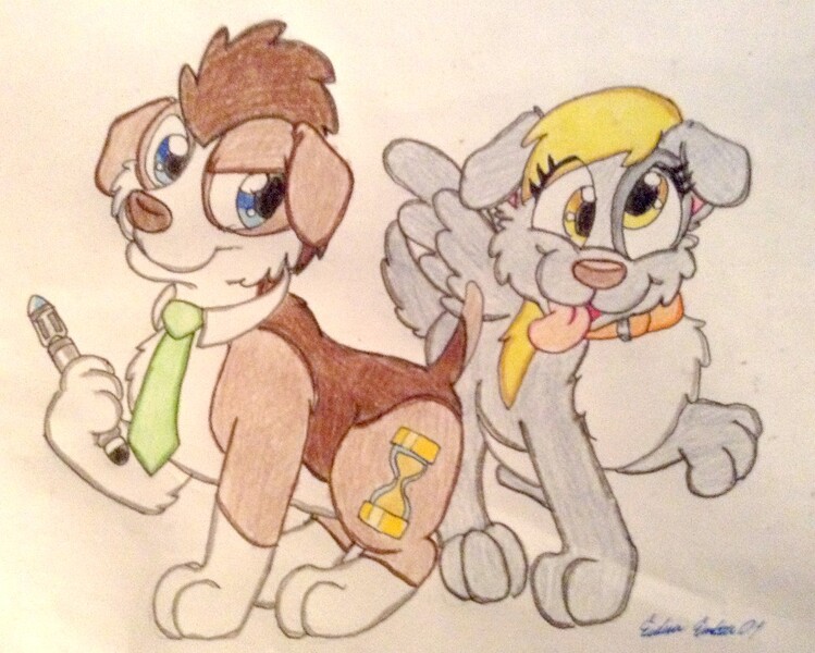 Size: 1024x820 | Tagged: artist:silversimba01, collar, derpibooru import, derpy hooves, doctor who, doctor whooves, dog, dogified, safe, sonic screwdriver, species swap, time turner, traditional art