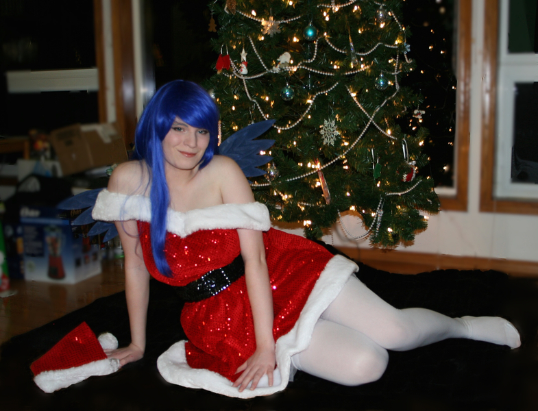 Size: 2144x1638 | Tagged: artist:amaranthialunaris, christmas, christmas tree, clothes, cosplay, derpibooru import, human, irl, irl human, missing shoes, pantyhose, photo, princess luna, safe, santa costume, tree