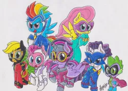 Size: 900x636 | Tagged: safe, artist:rhythm-is-best-pony, derpibooru import, applejack, fili-second, fluttershy, humdrum, mistress marevelous, pinkie pie, radiance, rainbow dash, rarity, saddle rager, spike, twilight sparkle, twilight sparkle (alicorn), zapp, alicorn, pony, power ponies (episode), female, mane seven, mane six, mare, power ponies