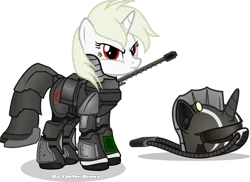 Size: 1024x744 | Tagged: safe, artist:vector-brony, derpibooru import, oc, oc:appletart longshot, unofficial characters only, pony, unicorn, fallout equestria, fallout equestria: broken steel, albino, angry, armor, helmet, power armor, powered exoskeleton, sniper, steel ranger, steel rangers