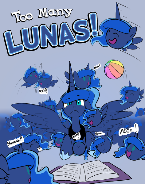 Size: 1150x1463 | Tagged: safe, artist:darkflame75, derpibooru import, princess luna, alicorn, pony, yukkuri, :3, :d, :o, ball, beach ball, blob, blob ponies, book, calendar of lunas, cuddling, cute, eye twitch, eyes closed, female, floppy ears, flying, frown, happy, huzzah, looking at you, lunabetes, mare, moon, multeity, open mouth, prone, self ponidox, smiling, snuggling, spread wings, sugarcube, too many lunas, too many ponies, weapons-grade cute, wide eyes