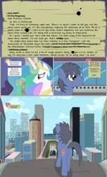 Size: 2000x3300 | Tagged: safe, artist:mlp-silver-quill, derpibooru import, princess celestia, oc, oc:clutterstep, alicorn, earth pony, pony, comic:imani, boltston, butt, city, comic, cutie mark, female, letter, levitation, magic, male, mare, plot, scroll, stallion