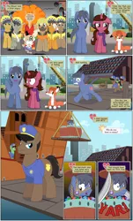 Size: 2000x3301 | Tagged: safe, artist:mlp-silver-quill, derpibooru import, crafty crate, princess celestia, oc, oc:clutterstep, oc:doodle draw, oc:freckle, ponified, earth pony, pony, unicorn, comic:imani, bell, blushing, clothes, comic, crane, cutie mark, cutlass, docks, female, jewels, male, mare, pirate, police, sara bellum, scarf, ship, shrunken pupils, smoke, stallion, sword, taxi, the mayor, the powerpuff girls, weapon, wide eyes