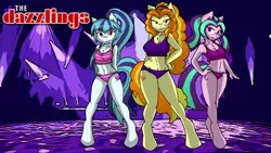 Size: 2560x1440 | Tagged: suggestive, artist:ambris, artist:flyingbrickanimation, derpibooru import, edit, adagio dazzle, aria blaze, sonata dusk, anthro, unguligrade anthro, equestria girls, bedroom eyes, belly button, bra, breasts, busty adagio dazzle, busty aria blaze, chest fluff, cleavage, clothes, colored, crop top bra, cute, cutie mark, female, females only, hips, lights, looking at you, panties, pink underwear, purple underwear, smiling, sonatabetes, stage, striped underwear, the dazzlings, underwear, wallpaper, wallpaper edit, wallpaper for the fearless