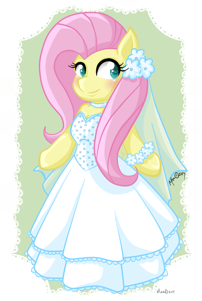 Size: 1174x1748 | Tagged: safe, artist:mea0113, derpibooru import, fluttershy, pony, bipedal, clothes, dress, solo, wedding dress