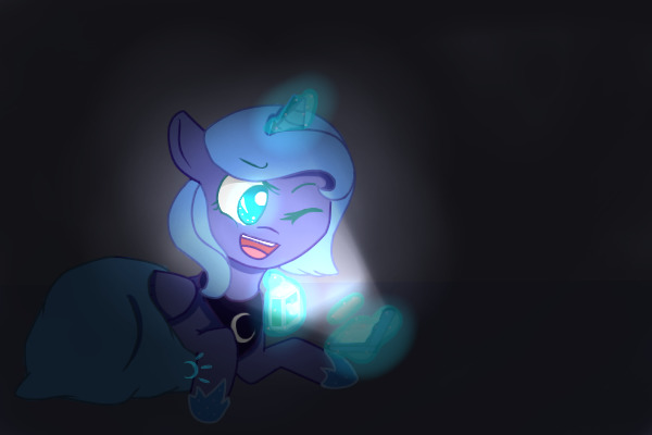 Size: 600x400 | Tagged: safe, artist:lunarskymagic, derpibooru import, princess luna, blanket, cute, :d, filly, gamer woona, magic, prone, solo, telekinesis, wink, woona