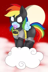 Size: 1064x1596 | Tagged: safe, artist:blackbewhite2k7, derpibooru import, rainbow dash, pony, age regression, baby, baby pony, batman, cloud, cloudy, crossover, cute, pacifier, younger